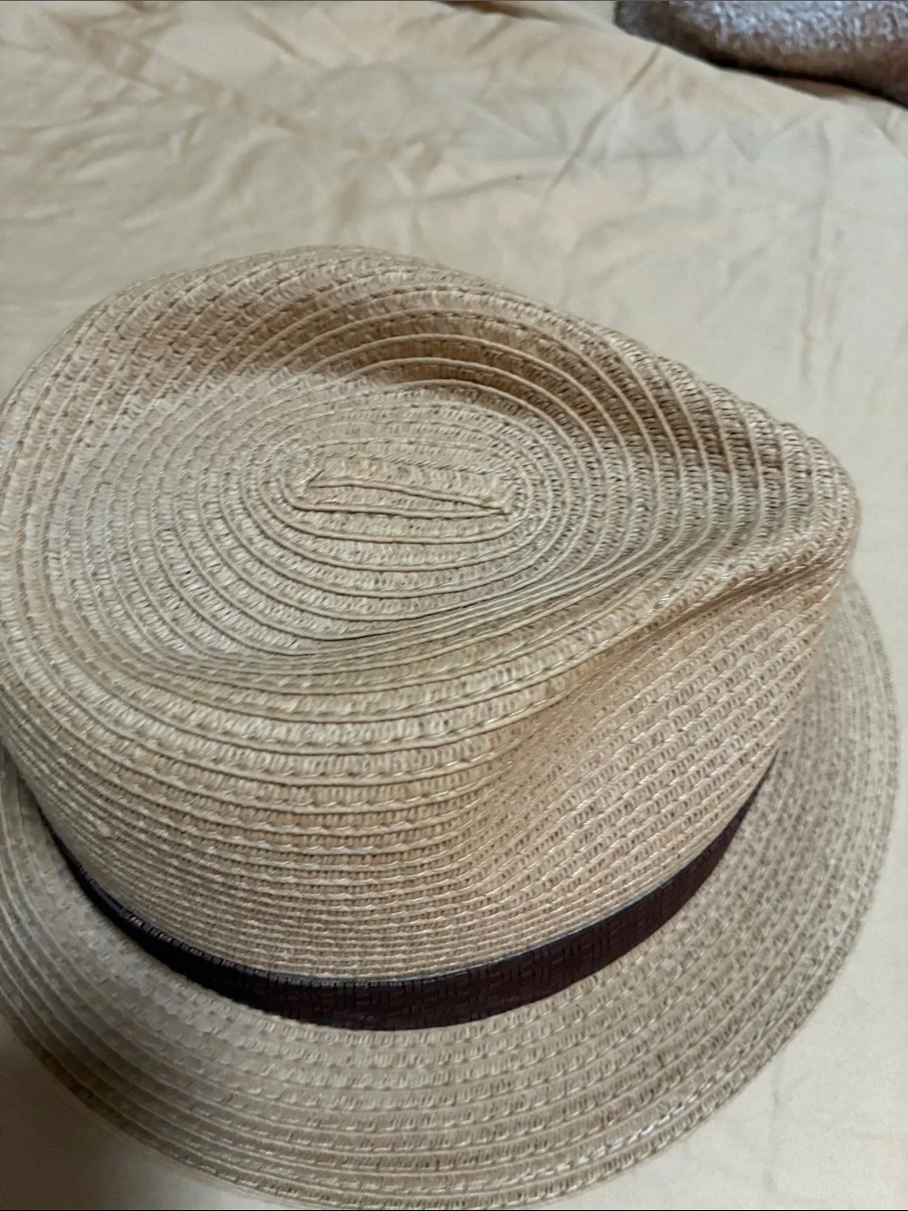 Tan Straw Fedora Hat with Dark Brown Band